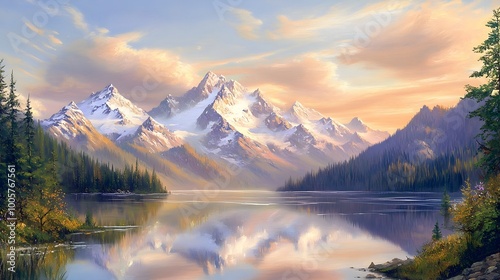 Peaceful pastel toned mountainscape with snow capped peaks and a tranquil alpine lake serene landscape reflecting on still waters