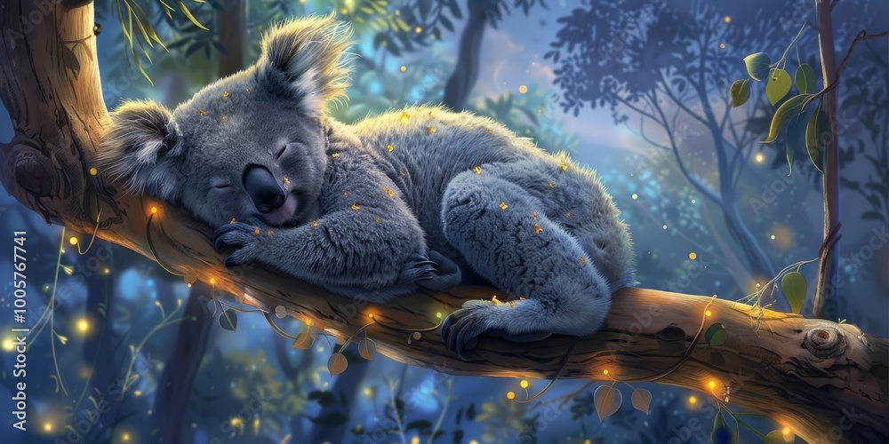 A cute koala peacefully sleeping on a tree branch, illuminated by glowing fireflies in a magical forest setting. A cute koala peacefully sleeping on a tree branch, illuminated by glowing fireflies in a magical forest setting.