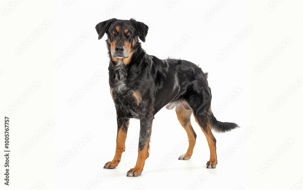 An alert Beauceron dog stands facing forward, showcasing its perked ears and muscular build, with a white studio background emphasizing its strong features. An alert Beauceron dog stands facing forward, showcasing its perked ears and muscular build, with a white studio background emphasizing its strong features.