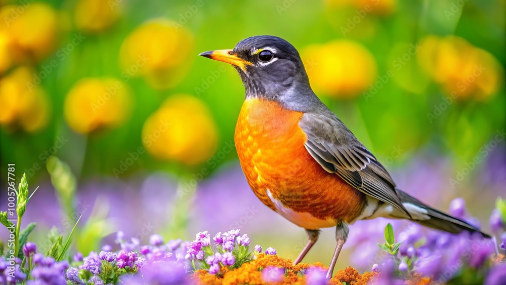 In a colorful spring landscape, the American Robin busily forages for food, its vibrant plumage contrasting with the In a colorful spring landscape, the American Robin busily forages for food, its vibrant plumage contrasting with the