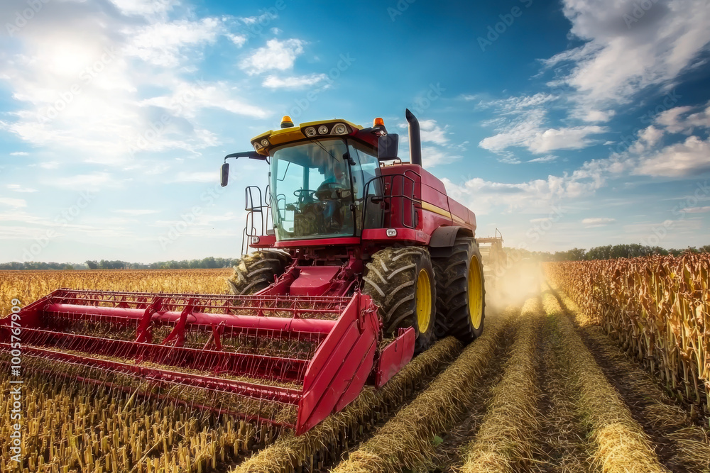 Fototapeta premium A red tractor is driving through a field of corn. The tractor is pulling a harvester behind it, which is collecting the corn. The sky is clear and the sun is shining, creating a bright