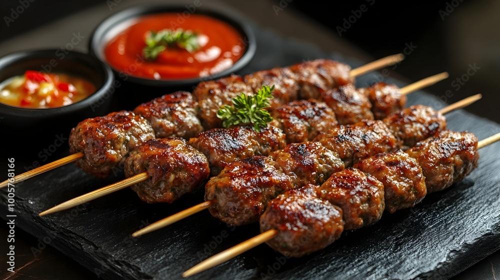 Grilled Spiced Meat Skewers Kofta Served on Elegant Black Stone Plate with Variety of Dips and Sauces Grilled Spiced Meat Skewers Kofta Served on Elegant Black Stone Plate with Variety of Dips and Sauces