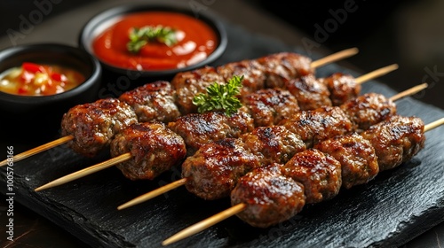 Grilled Spiced Meat Skewers Kofta Served on Elegant Black Stone Plate with Variety of Dips and Sauces