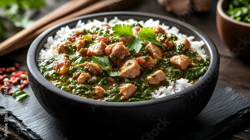 Mulukhiyah Stew with Chicken or Lamb Served on a Black Stone Plate photo