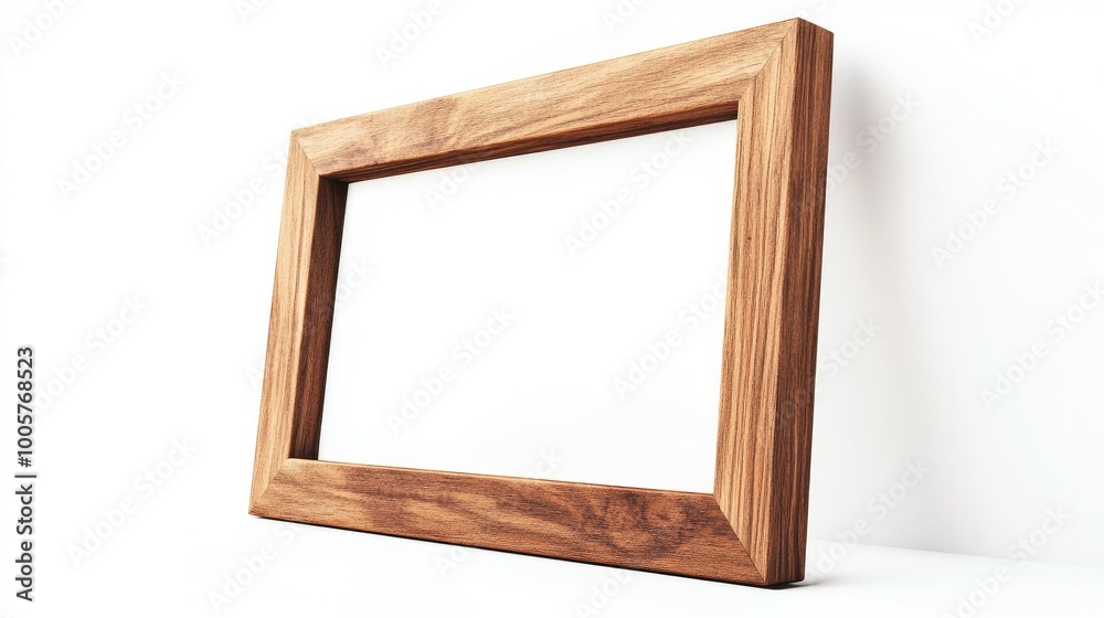 A wooden picture frame mockup leaning against a white background, showcasing its natural grain and elegance, perfect for displaying photos or artwork. A wooden picture frame mockup leaning against a white background, showcasing its natural grain and elegance, perfect for displaying photos or artwork.
