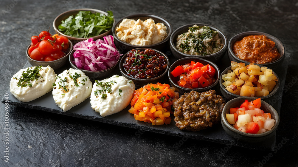 Vibrant Vegetarian Mezze Platter with Gourmet Dips and Pickled Delights on Elegant Black Stone Plate Vibrant Vegetarian Mezze Platter with Gourmet Dips and Pickled Delights on Elegant Black Stone Plate