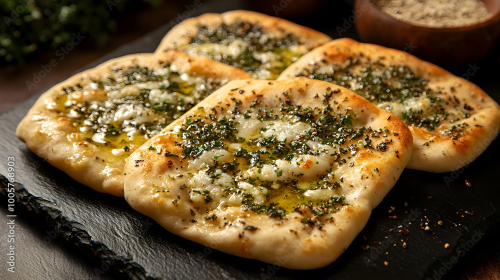 Freshly Baked Zaatar Manakish with Crispy Crust and Elegant Stone Plate Presentation Freshly Baked Zaatar Manakish with Crispy Crust and Elegant Stone Plate Presentation