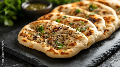 Freshly Baked Zaatar Manakish Flatbreads on Elegant Black Stone Plate