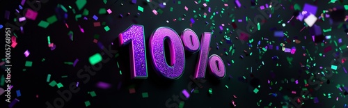 Glittery neon purple 10% OFF text surrounded by colorful confetti against a dark background