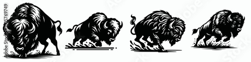 Four stylized images of bison in various poses, illustrating movement and strength in a dynamic, black-and-white design.