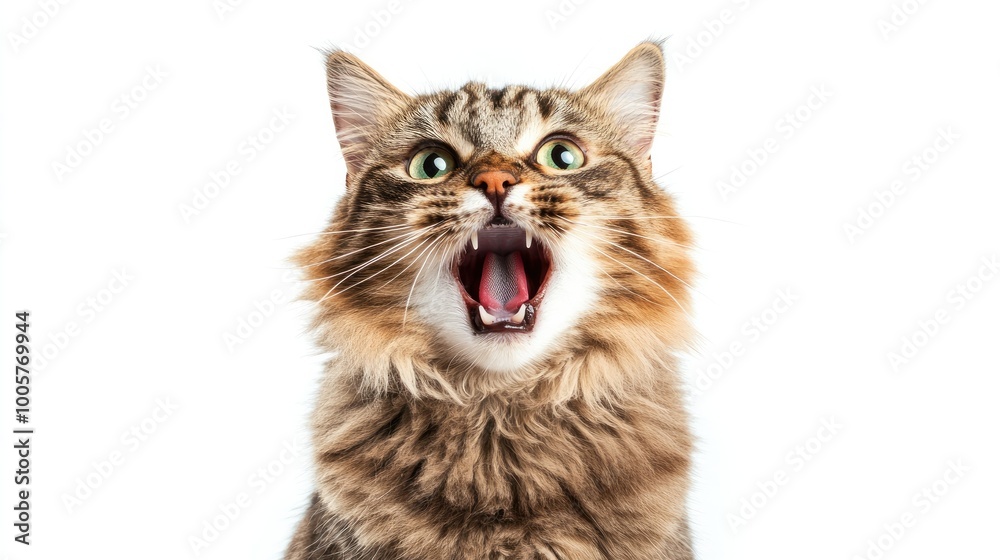 An annoyed and shocked cat, captured with its mouth wide open and fur puffed, eyes wide in surprise, against a white backdrop, for humorous effect. An annoyed and shocked cat, captured with its mouth wide open and fur puffed, eyes wide in surprise, against a white backdrop, for humorous effect.