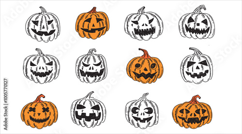 Halloween pumpkins set on white background. Hand drawn illustration.