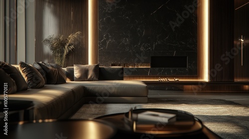 Modern living room with elegant decor and ambient lighting.