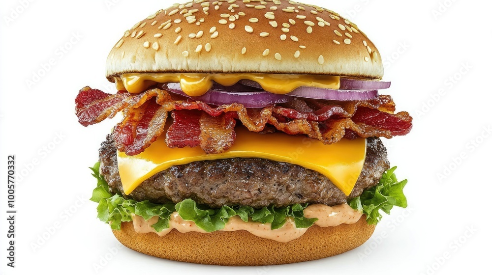 An appetizing double patty burger loaded with bacon, cheese, and fresh toppings, set against a clean white background for a striking food shot. An appetizing double patty burger loaded with bacon, cheese, and fresh toppings, set against a clean white background for a striking food shot.