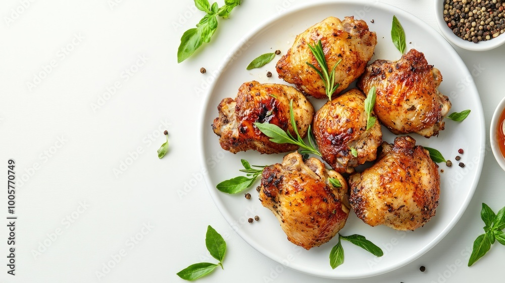 An appetizing plate of fire-roasted chicken thighs, garnished with fresh herbs and spices, set against a clean white background for a rustic appeal.