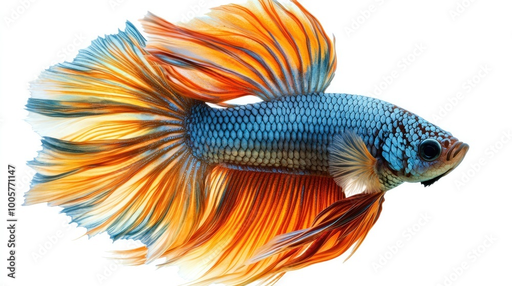Fototapeta premium An artistic shot of a colorful betta fish in motion, isolated on a smooth white background to emphasize its flowing fins and vibrant colors.