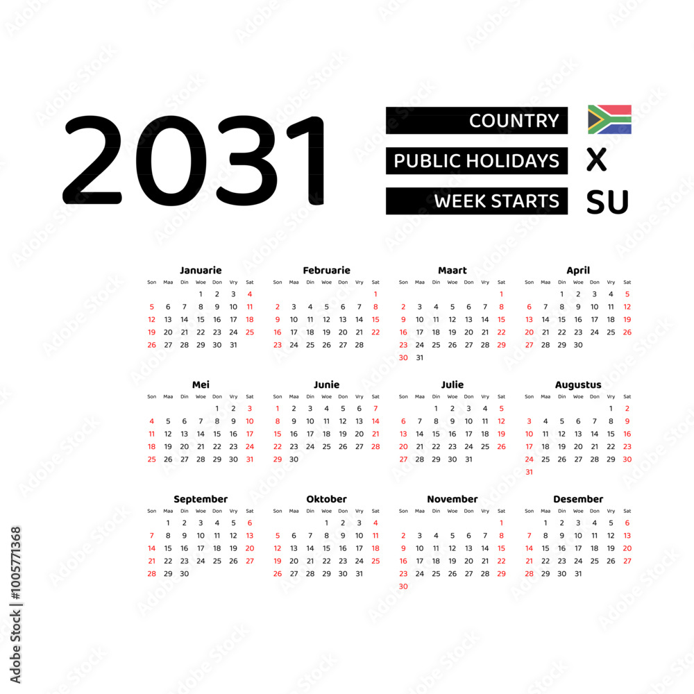 Calendar 2031 Afrikaans language with South Africa public holidays. Week starts from Sunday. Graphic design vector illustration.