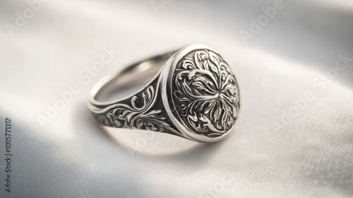 An artistic shot of a silver ring with detailed engravings, displayed against a smooth white background, emphasizing the craftsmanship and elegance of the piece.