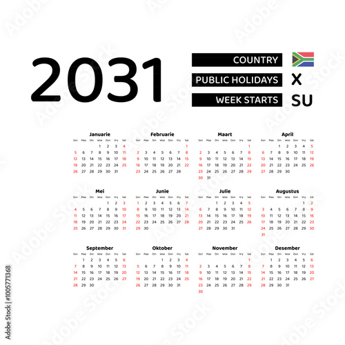 Calendar 2031 Afrikaans language with South Africa public holidays. Week starts from Sunday. Graphic design vector illustration.