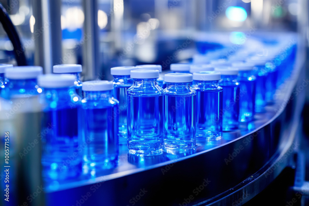 Manufacturing line transporting glass bottles full of blue liquid in pharmaceutical factory. Medical vials on conveyor belt