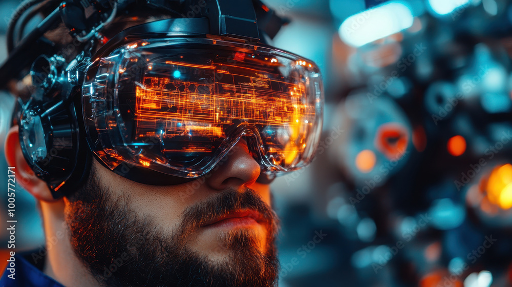Immersed in futuristic world, man wears advanced augmented reality goggles that illuminate his face with vibrant orange light. intricate technology reflects innovation and excitement Immersed in futuristic world, man wears advanced augmented reality goggles that illuminate his face with vibrant orange light. intricate technology reflects innovation and excitement