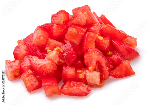 Peeled and diced tomatoes isolated on white background. Macro shot.
