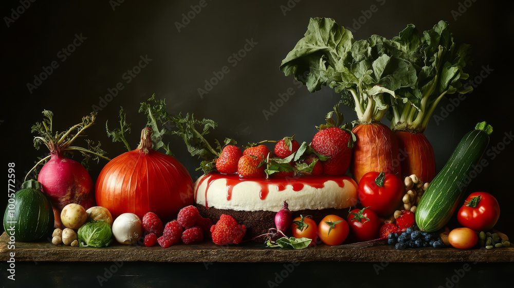 A table full of fruits and vegetables, including a cake with strawberry frosting. Concept of abundance and freshness, with the colorful fruits and vegetables arranged in a visually appealing manner A table full of fruits and vegetables, including a cake with strawberry frosting. Concept of abundance and freshness, with the colorful fruits and vegetables arranged in a visually appealing manner