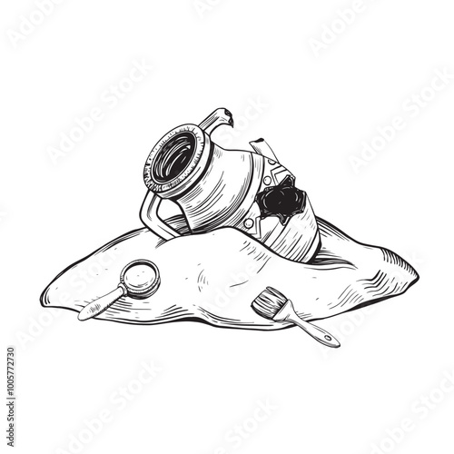 Archaeological find vector illustration in linear drawing style. Hand drawn drawing sketch of discovery from adventure or camping on isolated background. Broken antique jug, magnifying glass, brush.