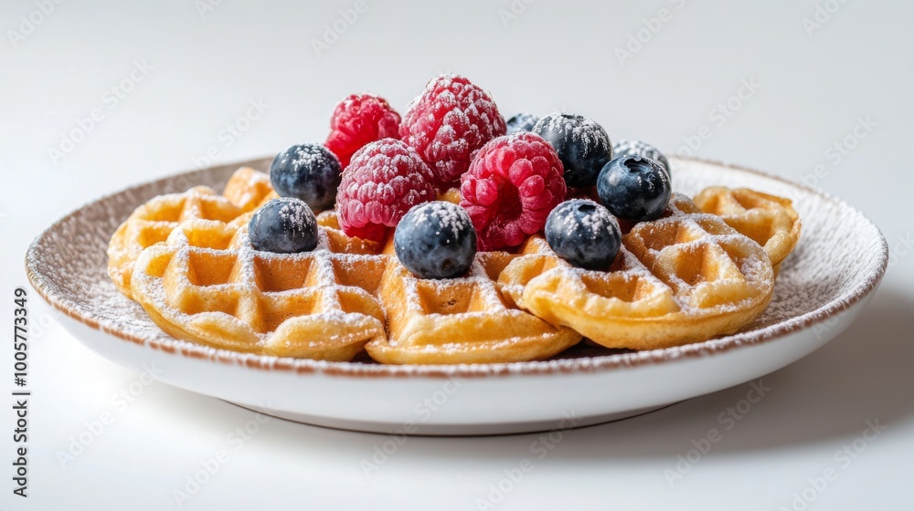 A plate of crispy waffles dusted with powdered sugar, garnished with blueberries and raspberries, beautifully arranged against a bright white backdrop. A plate of crispy waffles dusted with powdered sugar, garnished with blueberries and raspberries, beautifully arranged against a bright white backdrop.