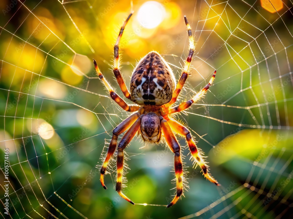 In a sunlit outdoor scene, a Kreuzspinne spider skillfully weaves its complex web, demonstrating nature’s beauty and