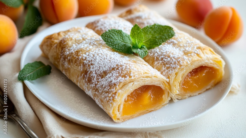 A puff pastry strudel with apricot filling, topped with a dusting of powdered sugar and a sprig of mint, served on a white plate with apricots on the side. A puff pastry strudel with apricot filling, topped with a dusting of powdered sugar and a sprig of mint, served on a white plate with apricots on the side.