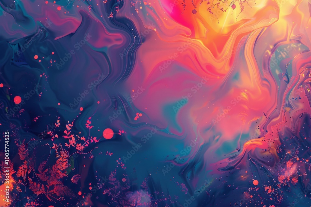 A colorful abstract painting with a blue and purple swirl. The painting is full of bright colors and has a dreamy, whimsical feel to it A colorful abstract painting with a blue and purple swirl. The painting is full of bright colors and has a dreamy, whimsical feel to it