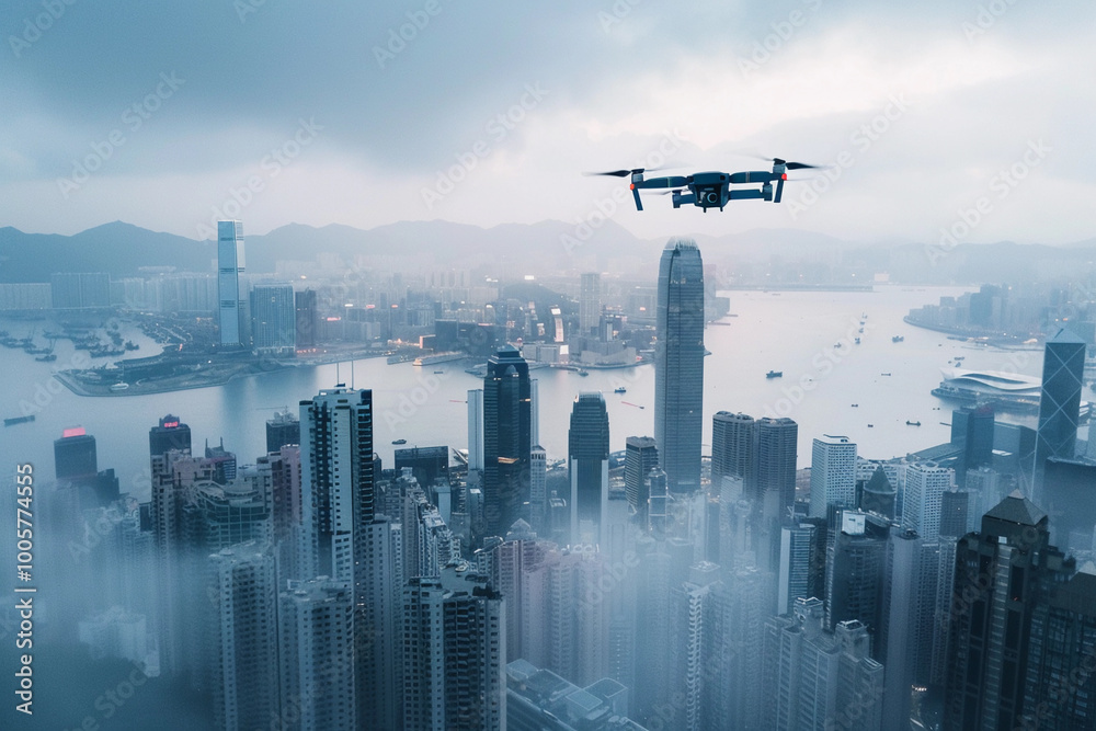 Drone flying in the sky over nature during observation Drone flying in the sky over nature during observation