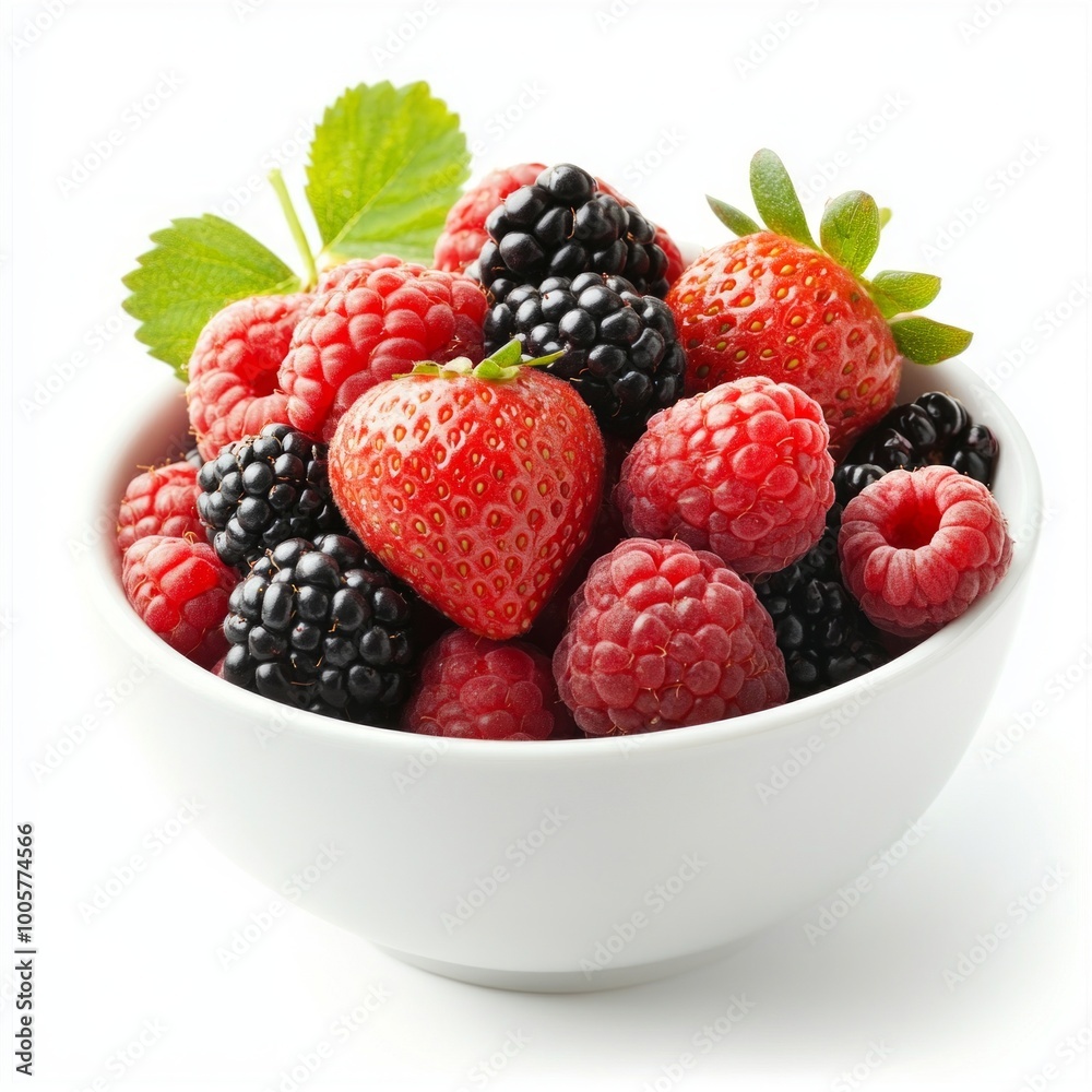 A vibrant bowl filled with fresh strawberries, raspberries, and blackberries. The colorful berries create a tempting display. Perfect for healthy desserts and snacks. AI