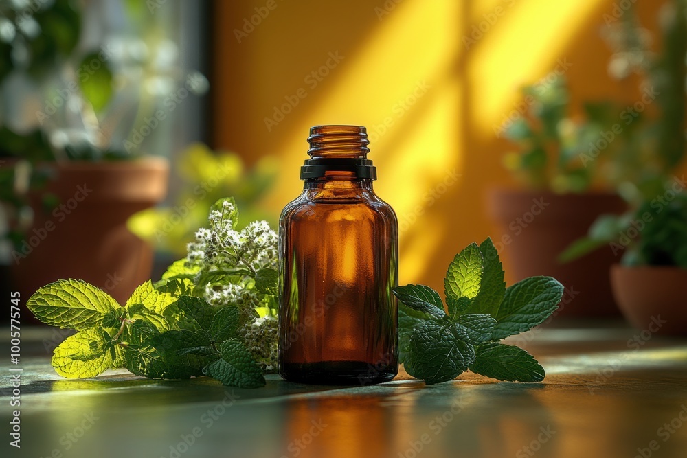 Bottle of essential oil glass and melissa and peppermint leaves Bottle of essential oil glass and melissa and peppermint leaves