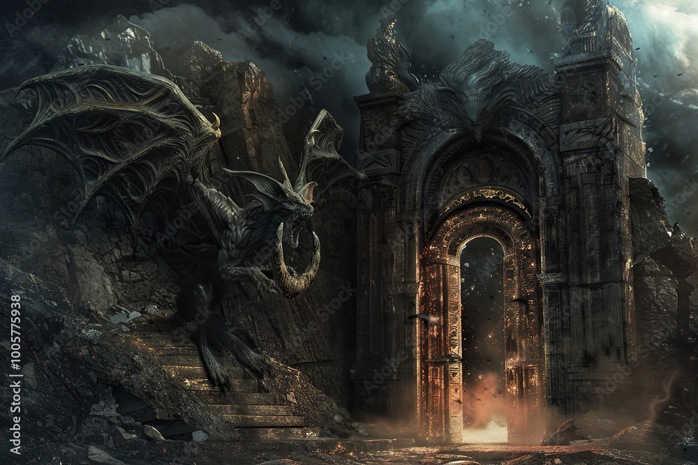 Scary sinister devil is in hell with dramatic fire lighting Scary sinister devil is in hell with dramatic fire lighting