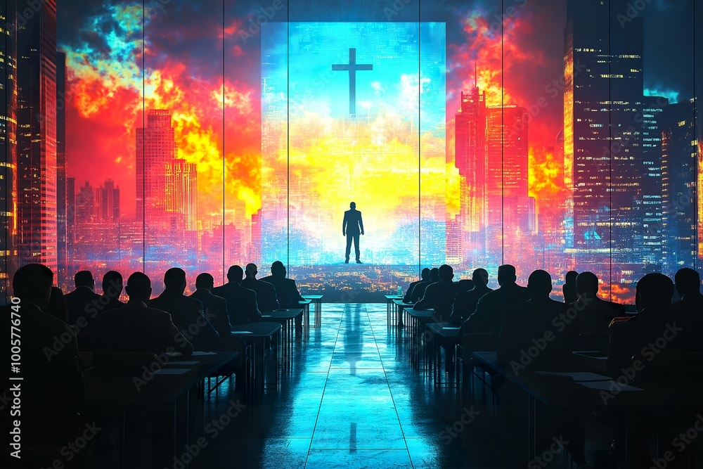 custom made wallpaper toronto digitalA corporate meeting in a large conference room featuring executives engaging with a vibrant cityscape backdrop, presenting ideas and strategies during the afternoon