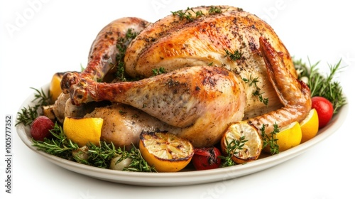 Roasted turkey on a dish, isolated on a white background