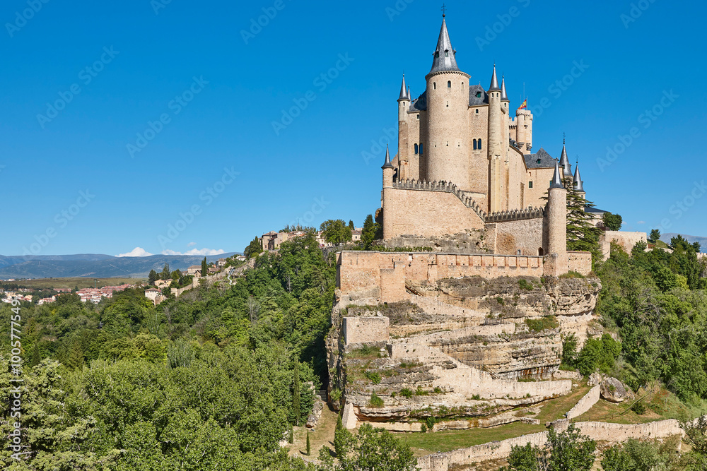 Segovia alcazar and cathedral. Medieval town in Spain. Panoramic view