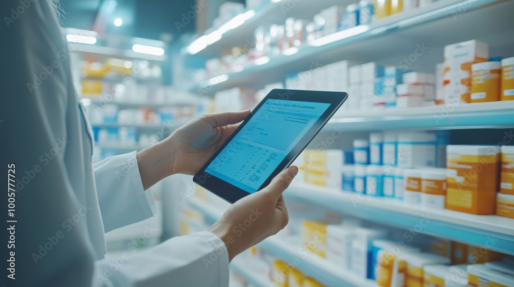 A pharmacist is using a tablet to check the stock of medicines in the pharmacy. A pharmacist is using a tablet to check the stock of medicines in the pharmacy.