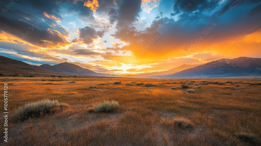 A large, empty field with a beautiful sunset in the background. The sky is filled with clouds, and the sun is setting behind the mountains. The scene is peaceful and serene