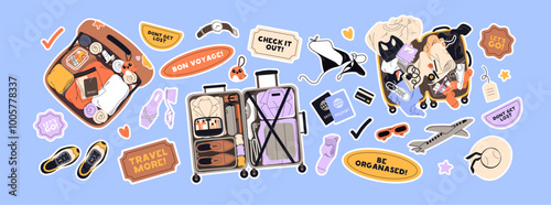 Sticker pack for plane travel. Set of open suitcases, hand baggage, luggage for journey. Bags are full of clothes, bikini, documents for summer vacation tour. Flat isolated vector illustrations