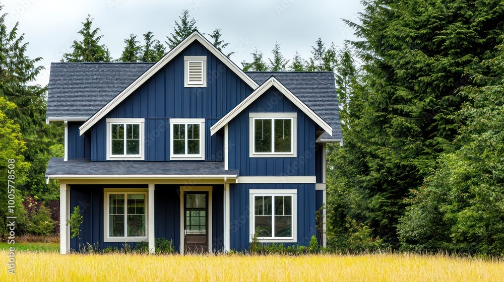 A modern farmhouse-style home with vertical indigo paneling and cream trim, set against pastel yellow grass and surrounded by deep green trees A modern farmhouse-style home with vertical indigo paneling and cream trim, set against pastel yellow grass and surrounded by deep green trees