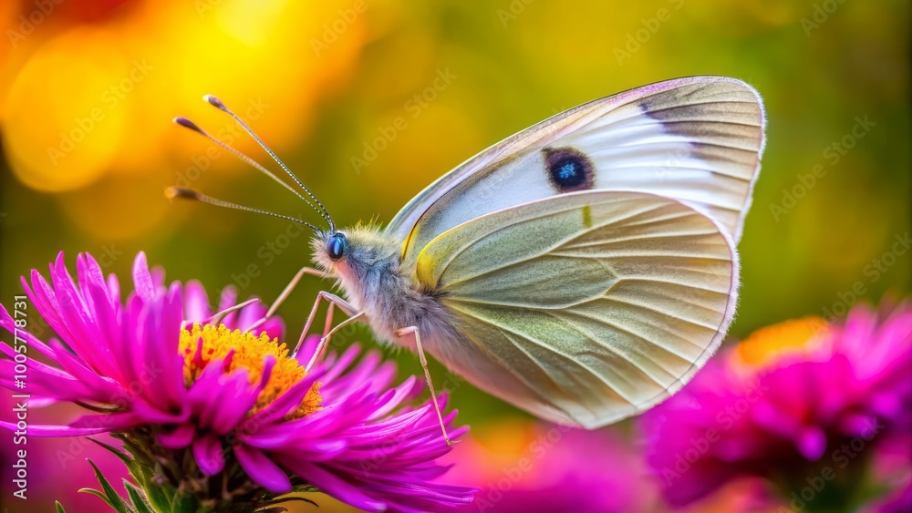 Naklejka premium In nature's embrace, a graceful Cabbage White butterfly perches on a bright flower, embodying tranquility and the