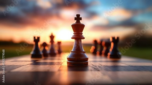 A king chess piece stands prominently in front of other pieces, set against a vibrant sunset sky, symbolizing strategy and competition. photo