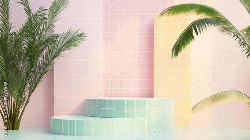 A podium with pastel-colored tiles and a tropical plant creates an inviting atmosphere for product display in the background.  photo