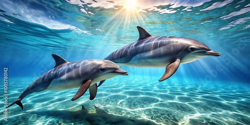 In the tranquil waters, two dolphins swim gracefully, embodying the stunning elegance of marine life and their