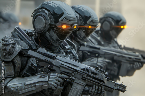 Three soldiers in black uniforms with orange eyes and red lights on their helmets. They are holding guns and standing in a line