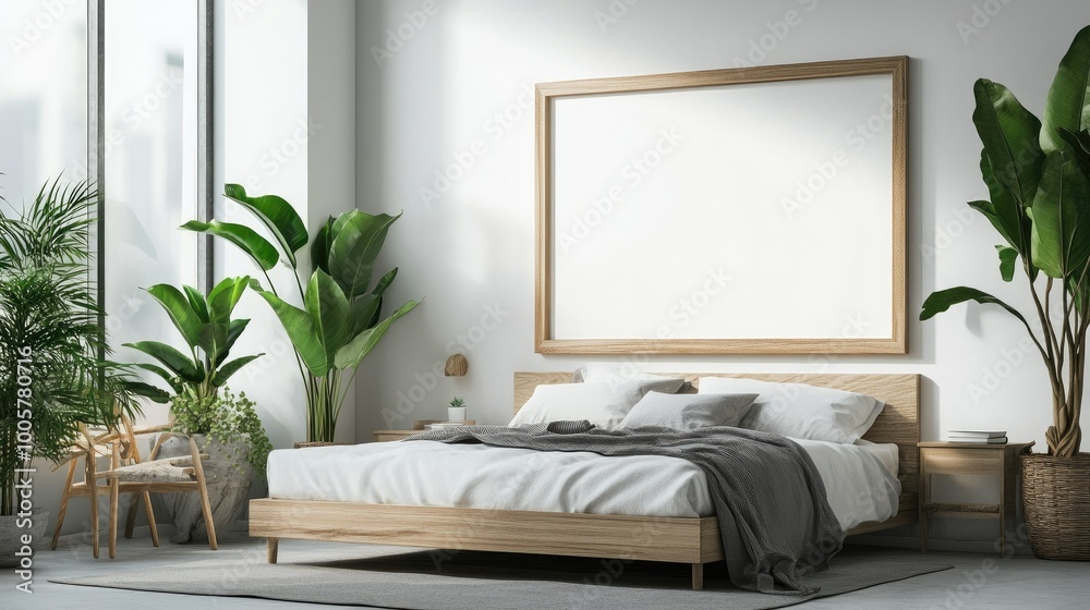 Contemporary bedroom interior with a large mockup frame on a crisp white wall, featuring simple furniture and plants, perfect for design mockups. Contemporary bedroom interior with a large mockup frame on a crisp white wall, featuring simple furniture and plants, perfect for design mockups.
