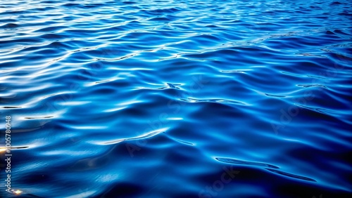 In vivid monochrome, a calm river landscape portrays deep blue water ripples, exuding serenity and stillness, inviting